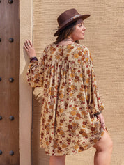 Plus Size Printed V-Neck Balloon Sleeve Mini Dress | Mini Dresses Daverri Fashions