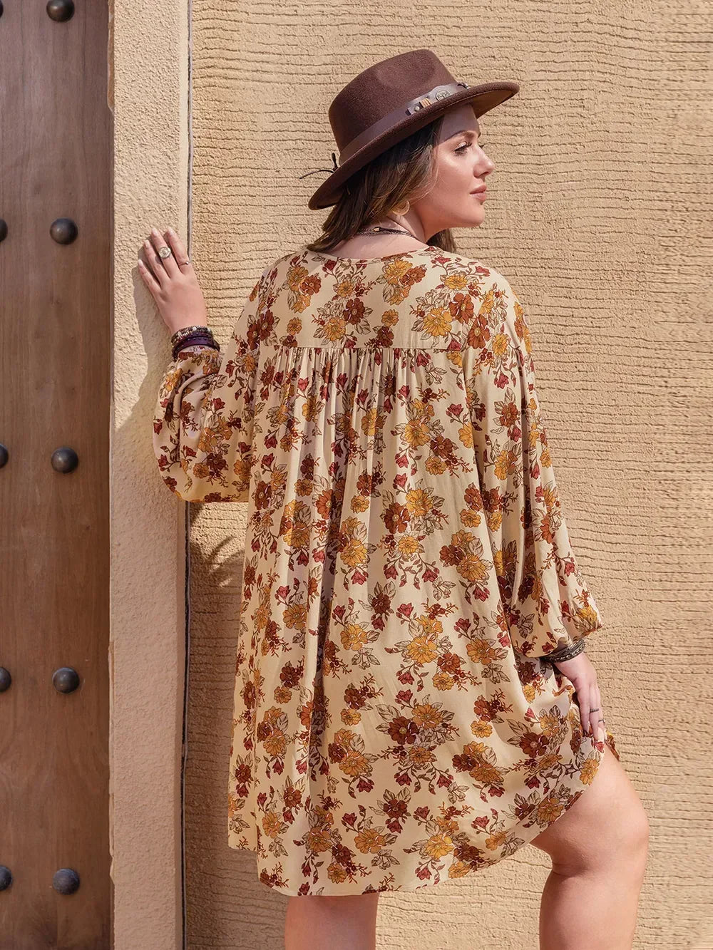 Plus Size Printed V-Neck Balloon Sleeve Mini Dress - DAVERRI FASHIONS