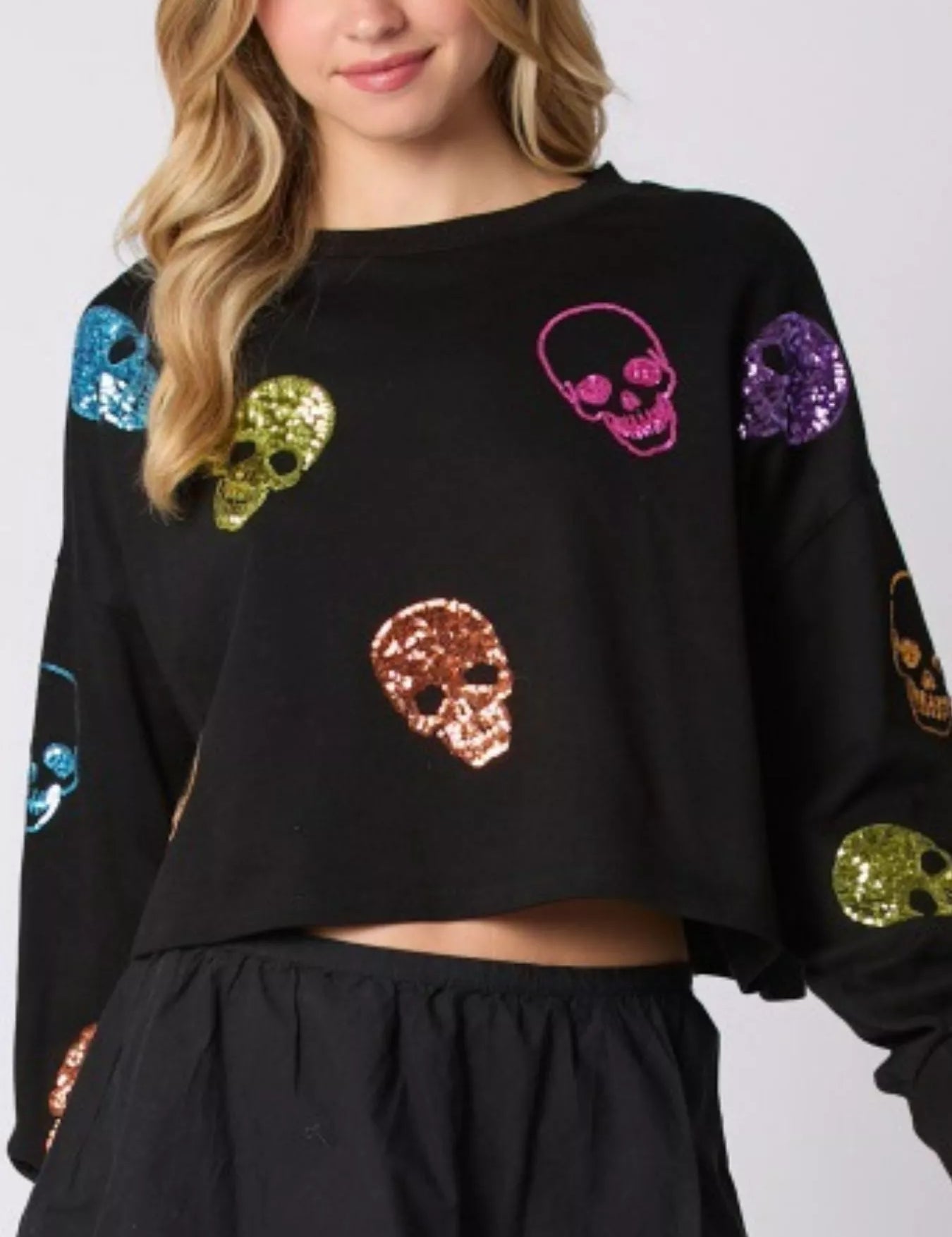 Black Sequin Skull Long Sleeve Sweatshirt | Sweatshirts Daverri Fashions