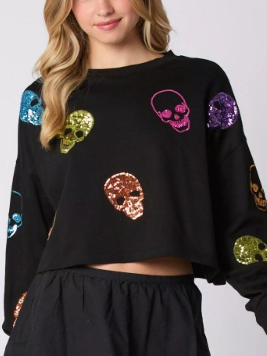 Black Sequin Skull Long Sleeve Sweatshirt | Sweatshirts Daverri Fashions