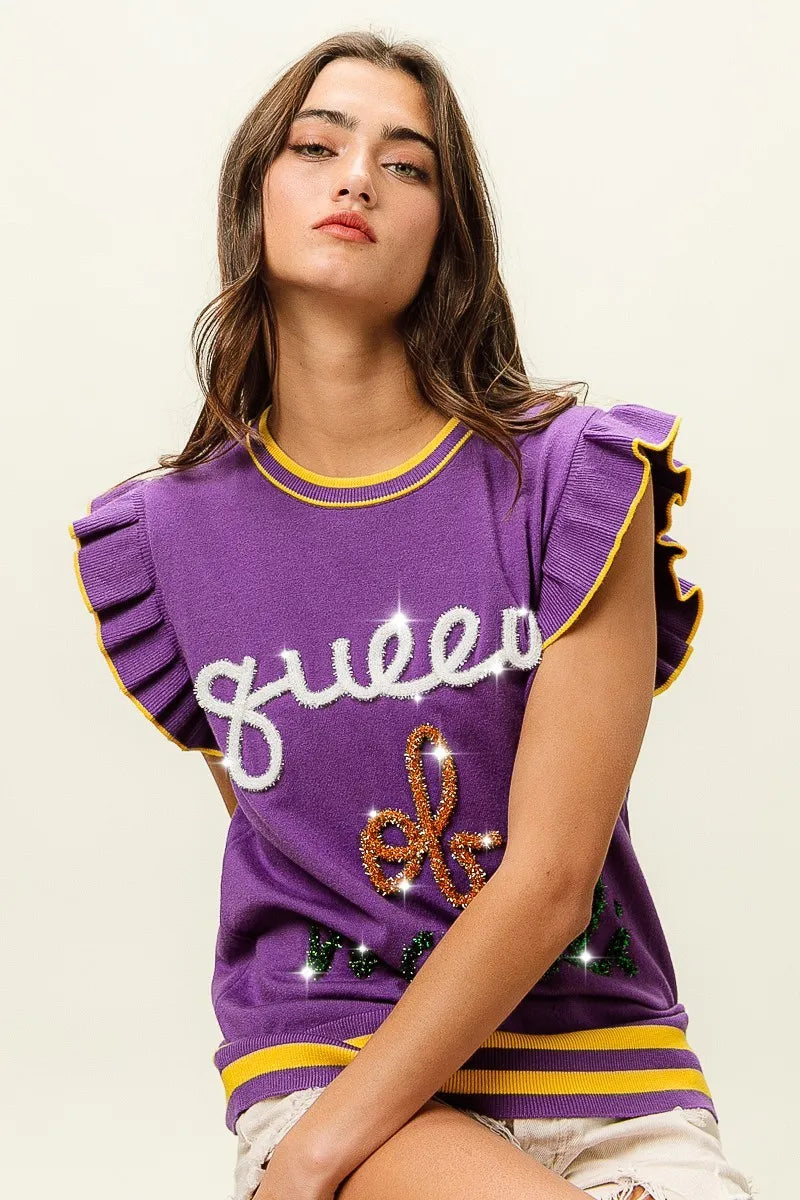 BiBi Queen Of Mardi Ruffled Armhole Sleeveless Knit Top | Knit Tops Daverri Fashions