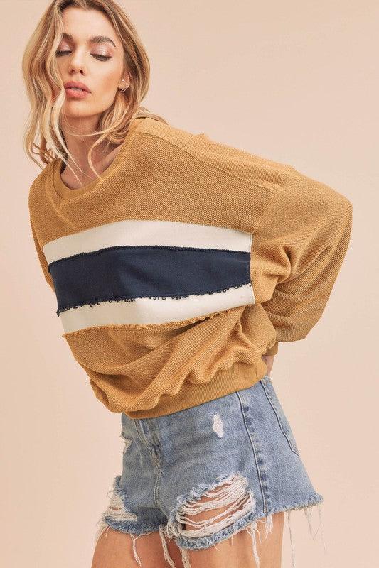 Aemi + Co Raw Hem Contrast Striped Dolman Sleeve Sweatshirt Sweatshirts