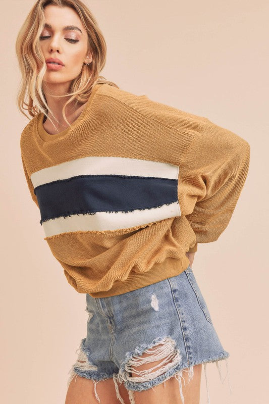 Aemi + Co Raw Hem Contrast Striped Dolman Sleeve Sweatshirt