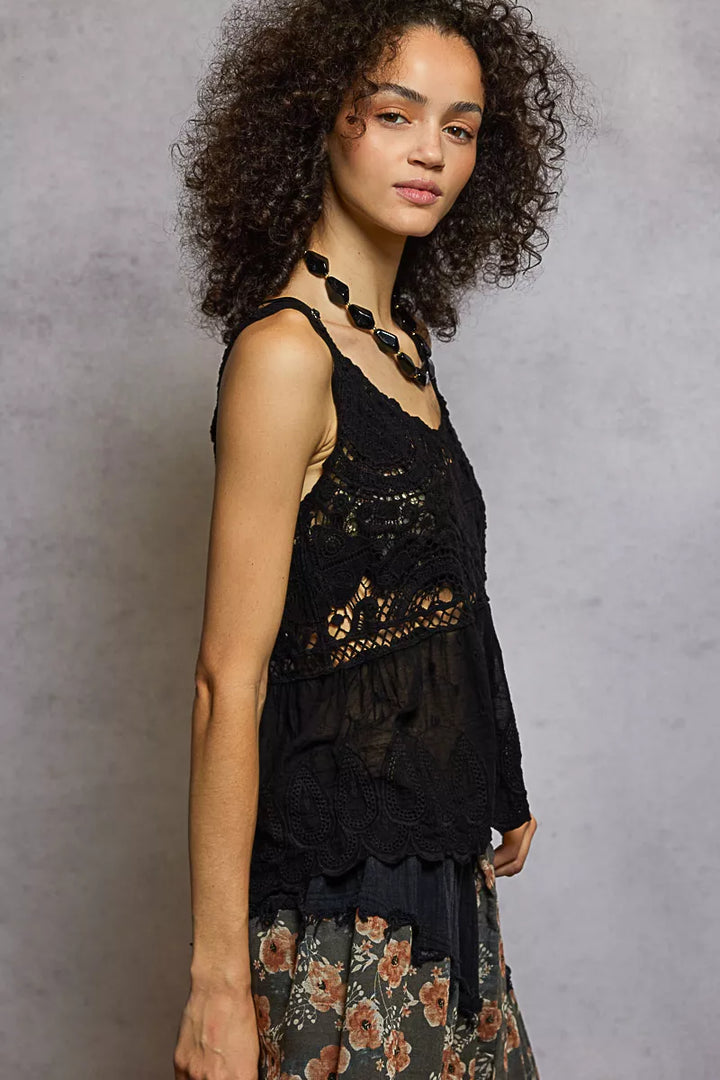POL V-Neck Crochet Tank with Floral Embroidery Detail | Daverri Fashions