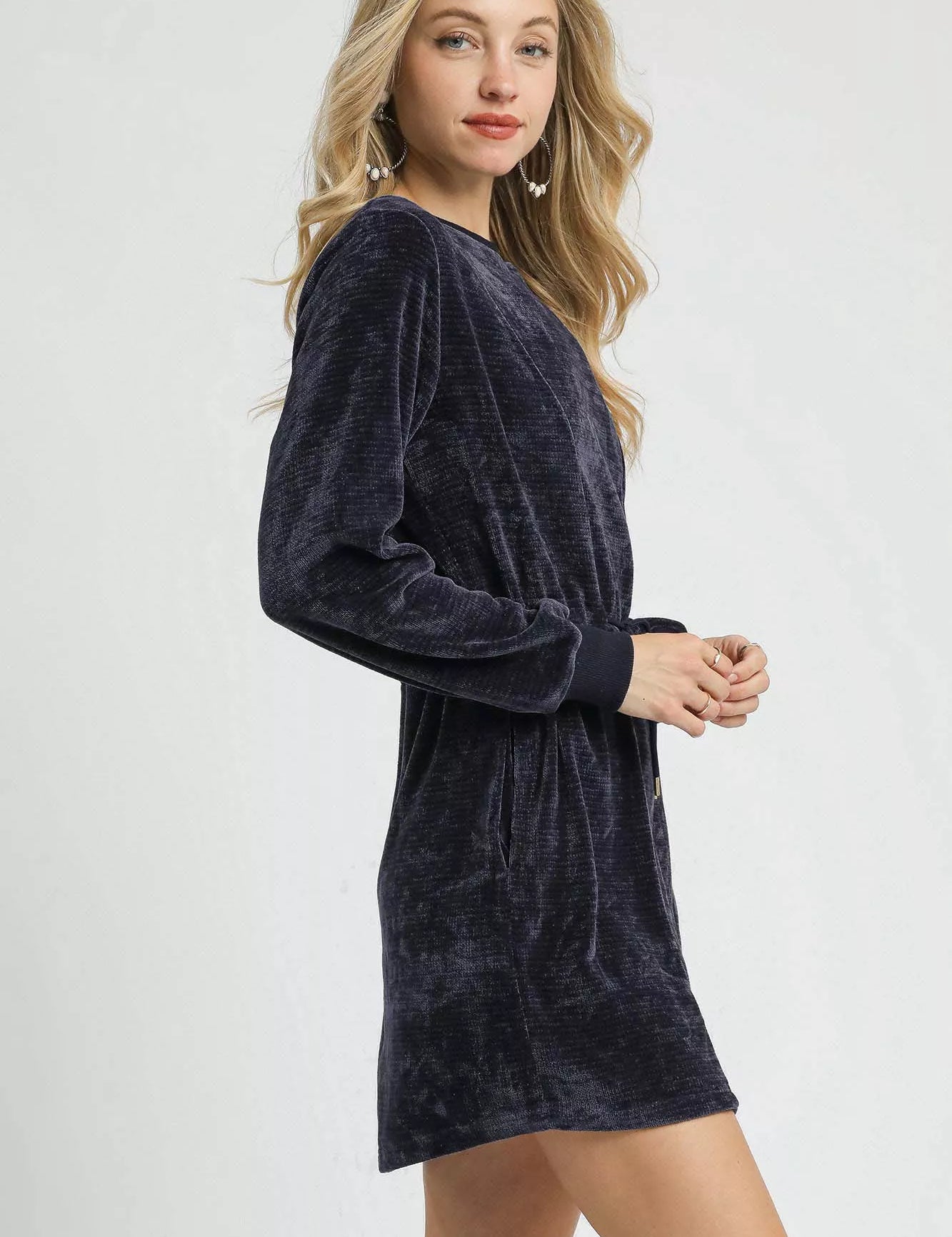 Umgee Velour Drawstring Mini Dress with Long Sleeves | Mini Dresses Daverri Fashions