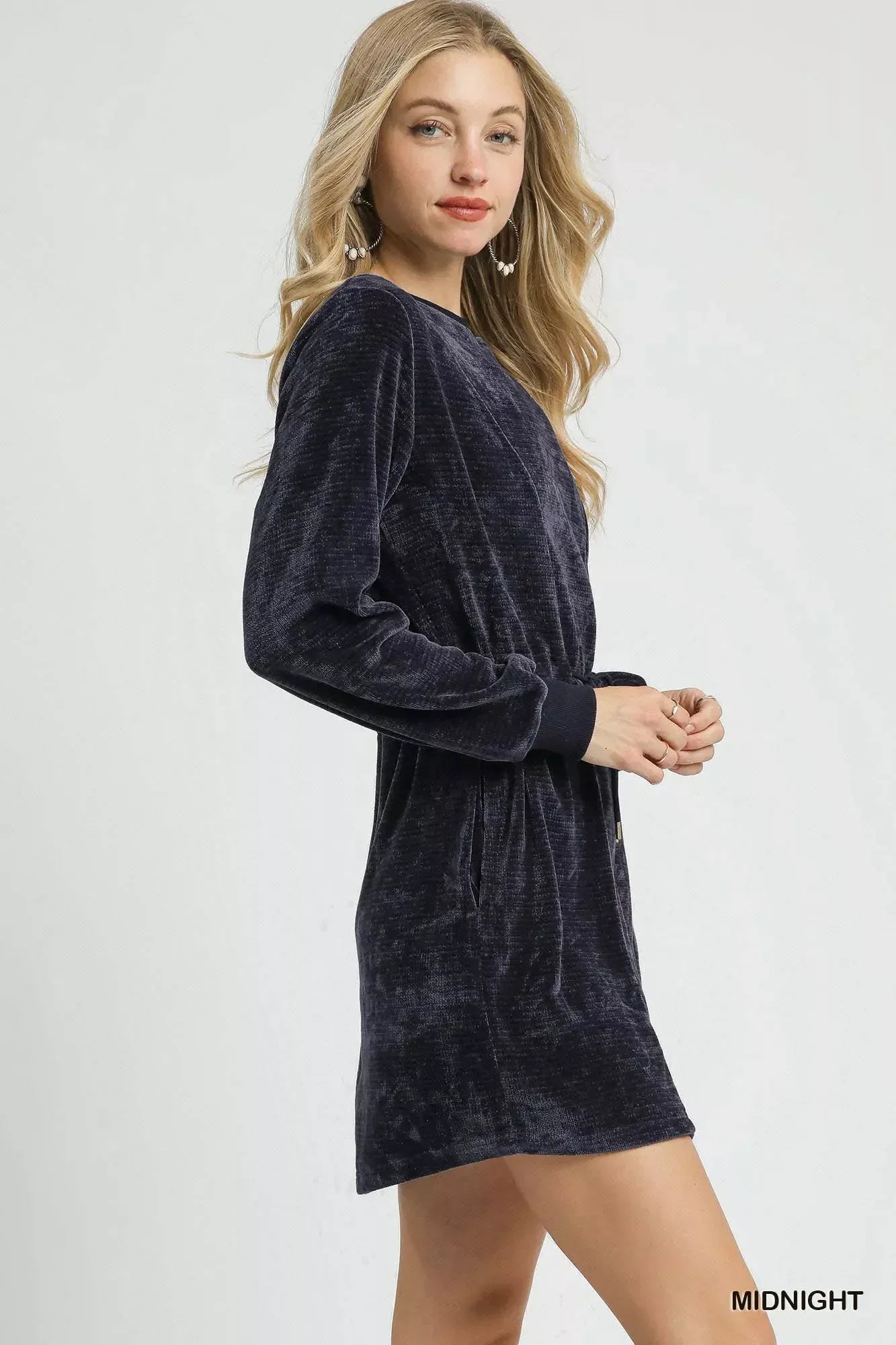 Umgee Velour Drawstring Mini Dress with Long Sleeves - DAVERRI FASHIONS