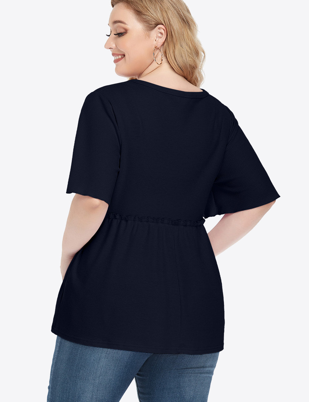 Navy blue plus size V-neck peplum blouse with short sleeves and pockets