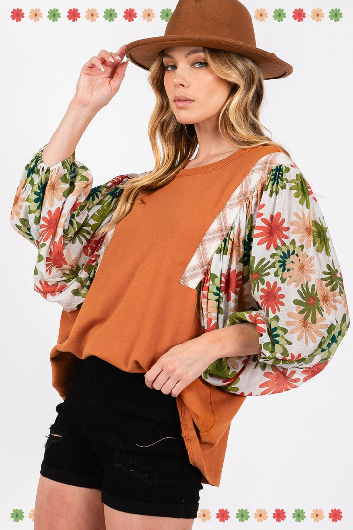 SAGE + FIG Full Size Printed Balloon Sleeve Contrast Top Tops