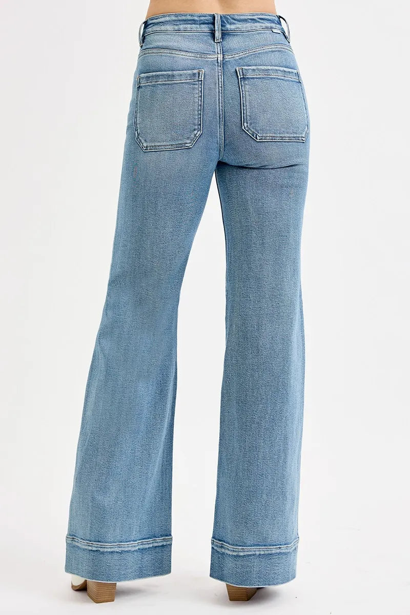 RISEN Full Size High Rise Wide Flare Patch Pocket Jeans Jeans