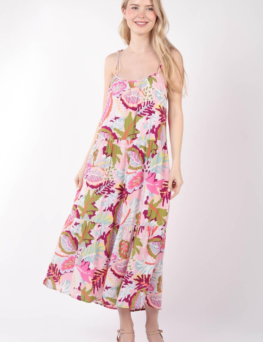 VERY J Tropical Printed Cami Midi Dress Pink Mix Midi Dresses