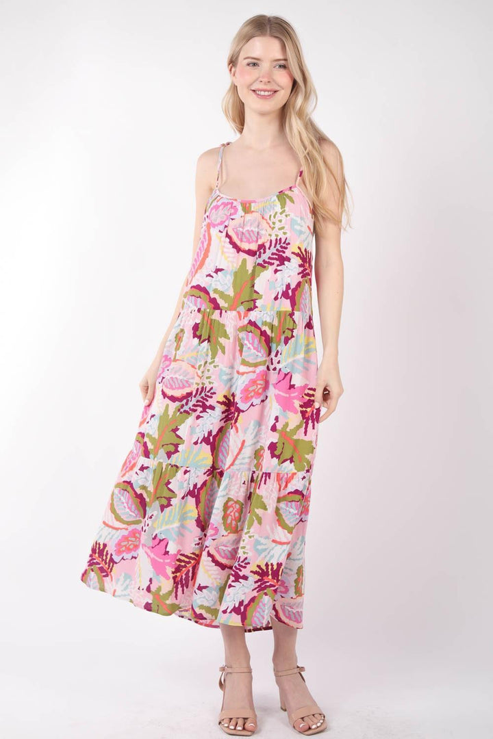 VERY J Tropical Printed Cami Midi Dress Pink Mix L Mid Dresses