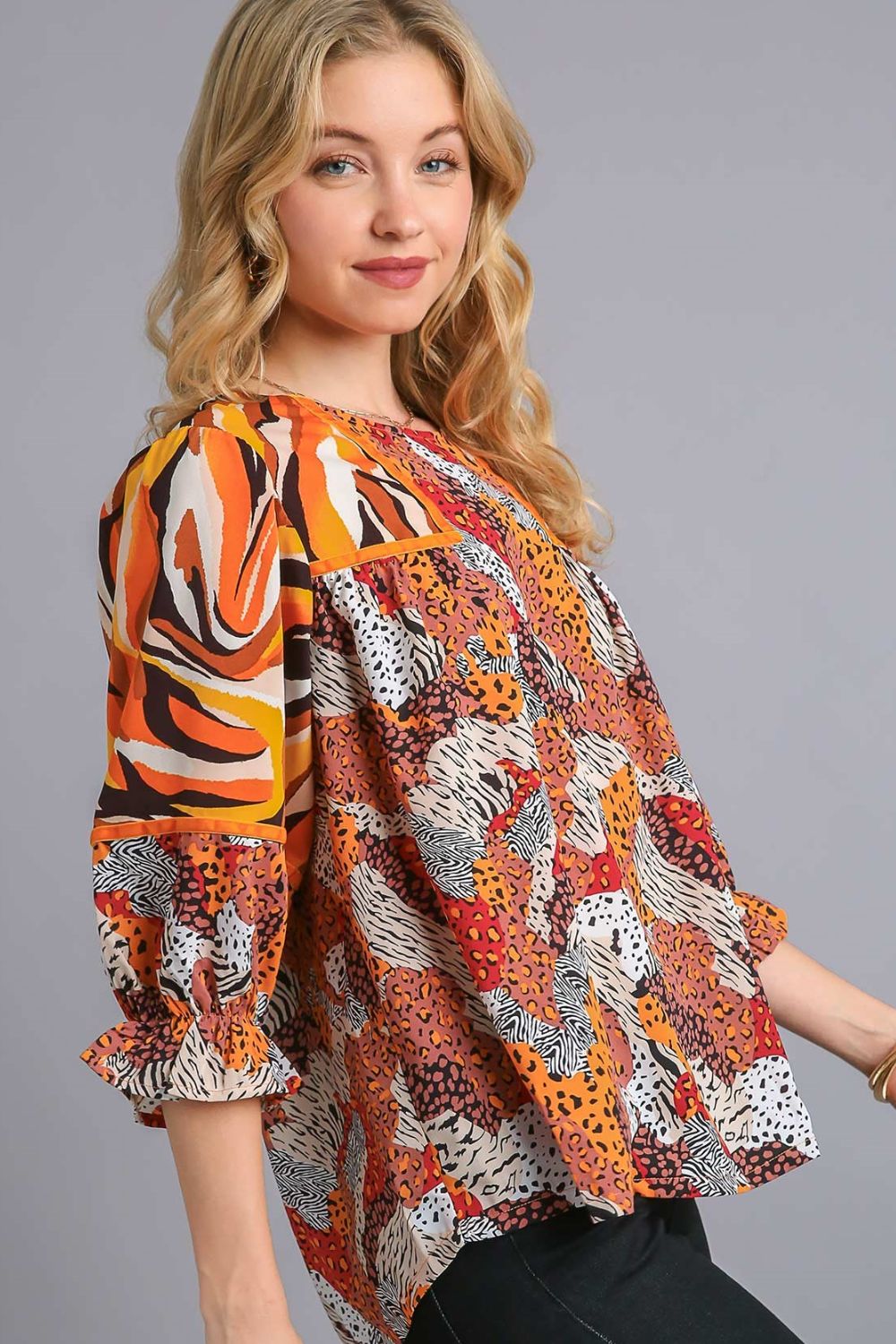 Umgee Full Size Mixed Print Round Neck Flounce Sleeve Blouse Plus Size Blouses