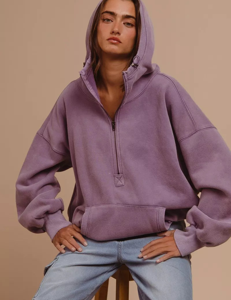 BiBi Stitch Detailed Elastic Hem Half Zip Fleece Hoodie Periwinkle | Hoodies Daverri Fashions