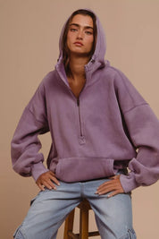 BiBi Stitch Detailed Elastic Hem Half Zip Fleece Hoodie Periwinkle | Hoodies Daverri Fashions