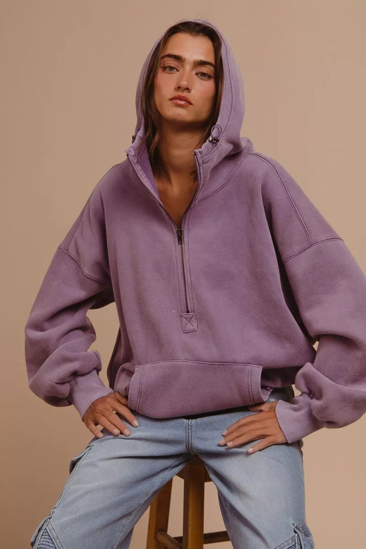 BiBi Stitch Detailed Elastic Hem Half Zip Fleece Hoodie | Hoodies Daverri Fashions