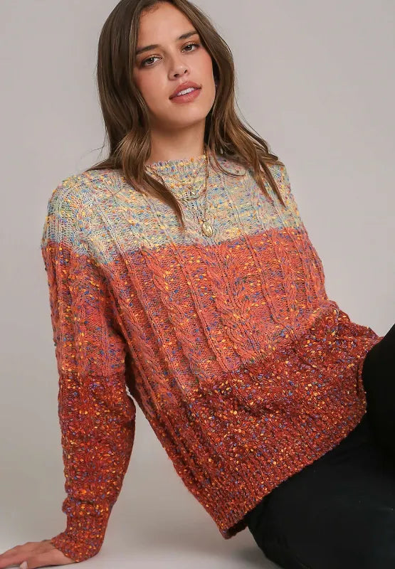 Cable-Knit Color Block Round Neck Long Sleeve Sweater | Sweaters Daverri Fashions
