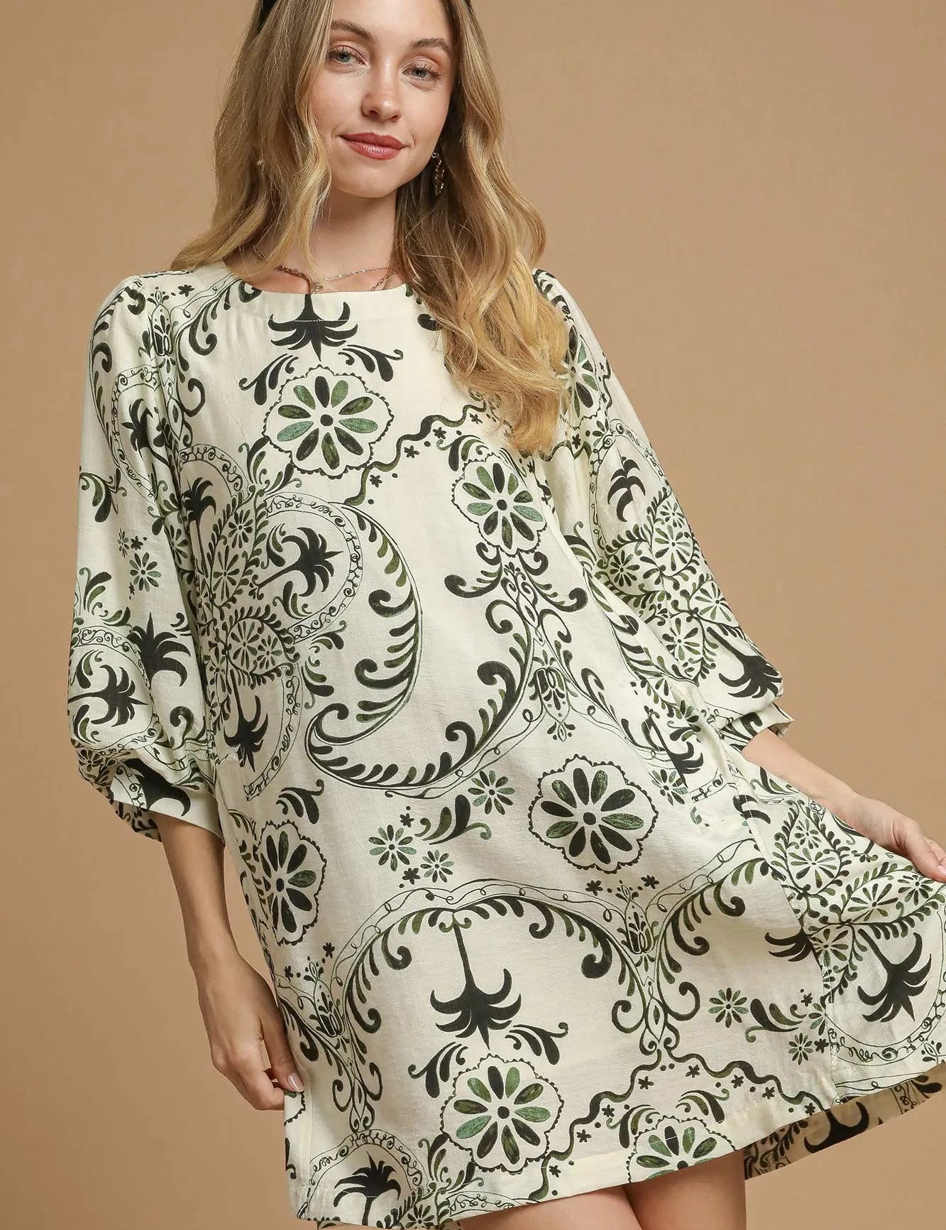Olive Umgee Boho Printed Balloon Sleeve Mini Dress | Mini Dresses Daverri Fashions