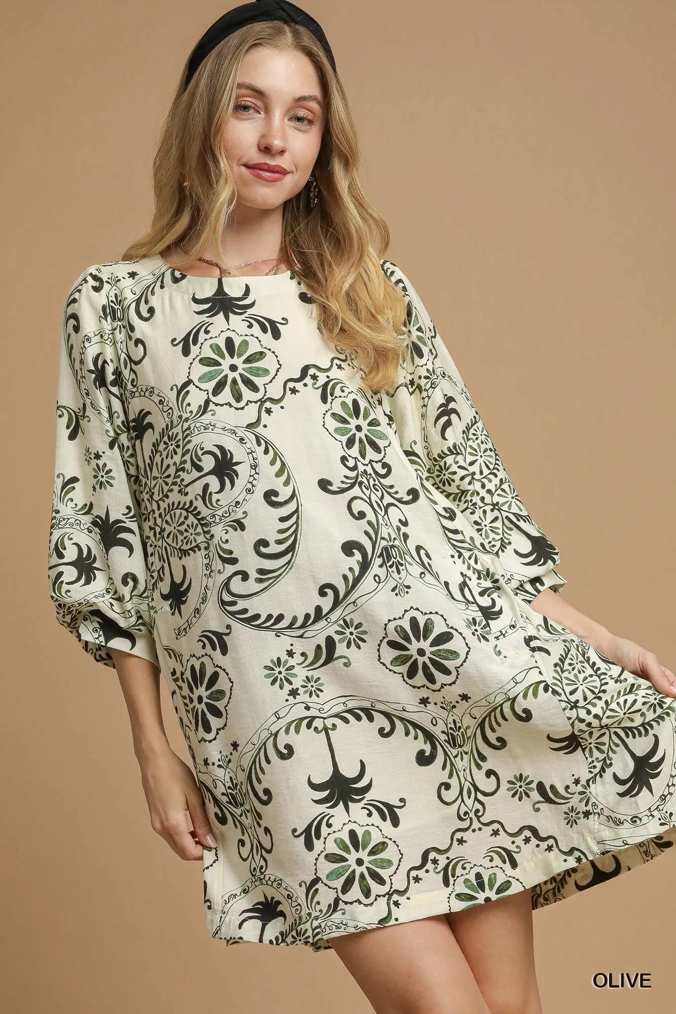 Umgee Boho Printed Balloon Sleeve Mini Dress Olive Mini Dresses