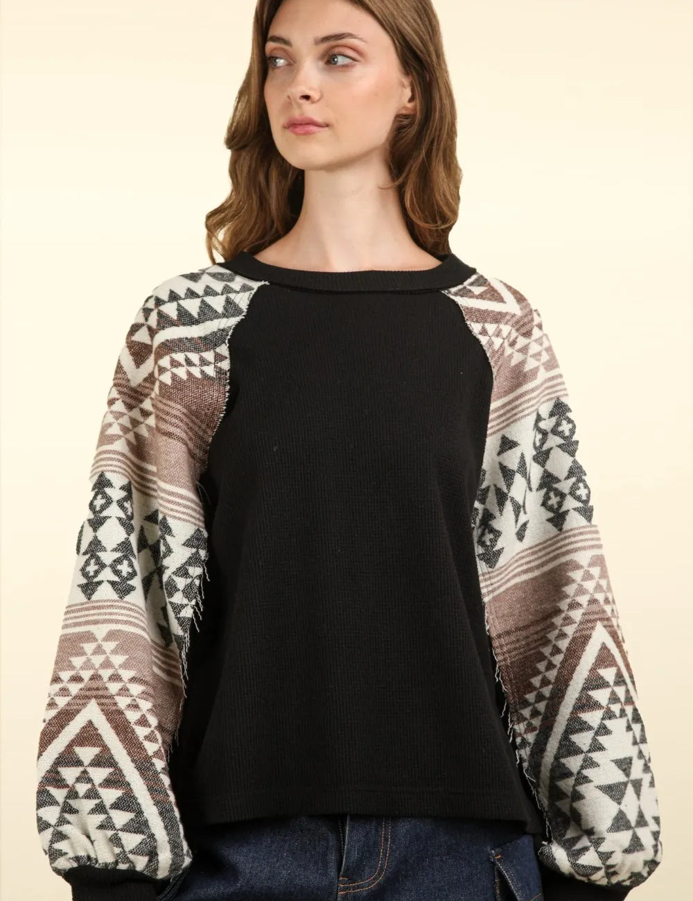 Black VERY J Printed Long Sleeve Round Neck Knit Top | Knit Tops Daverri Fashions