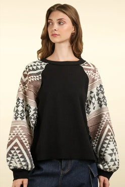 VERY J Printed Long Sleeve Round Neck Knit Top - DAVERRI FASHIONS