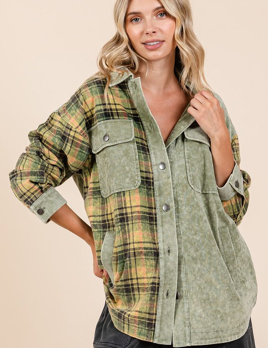 Mittoshop Plaid Button Down Drop Shoulder Jacket Olive