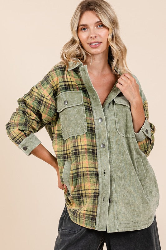 Mittoshop Plaid Button Down Drop Shoulder Jacket Olive