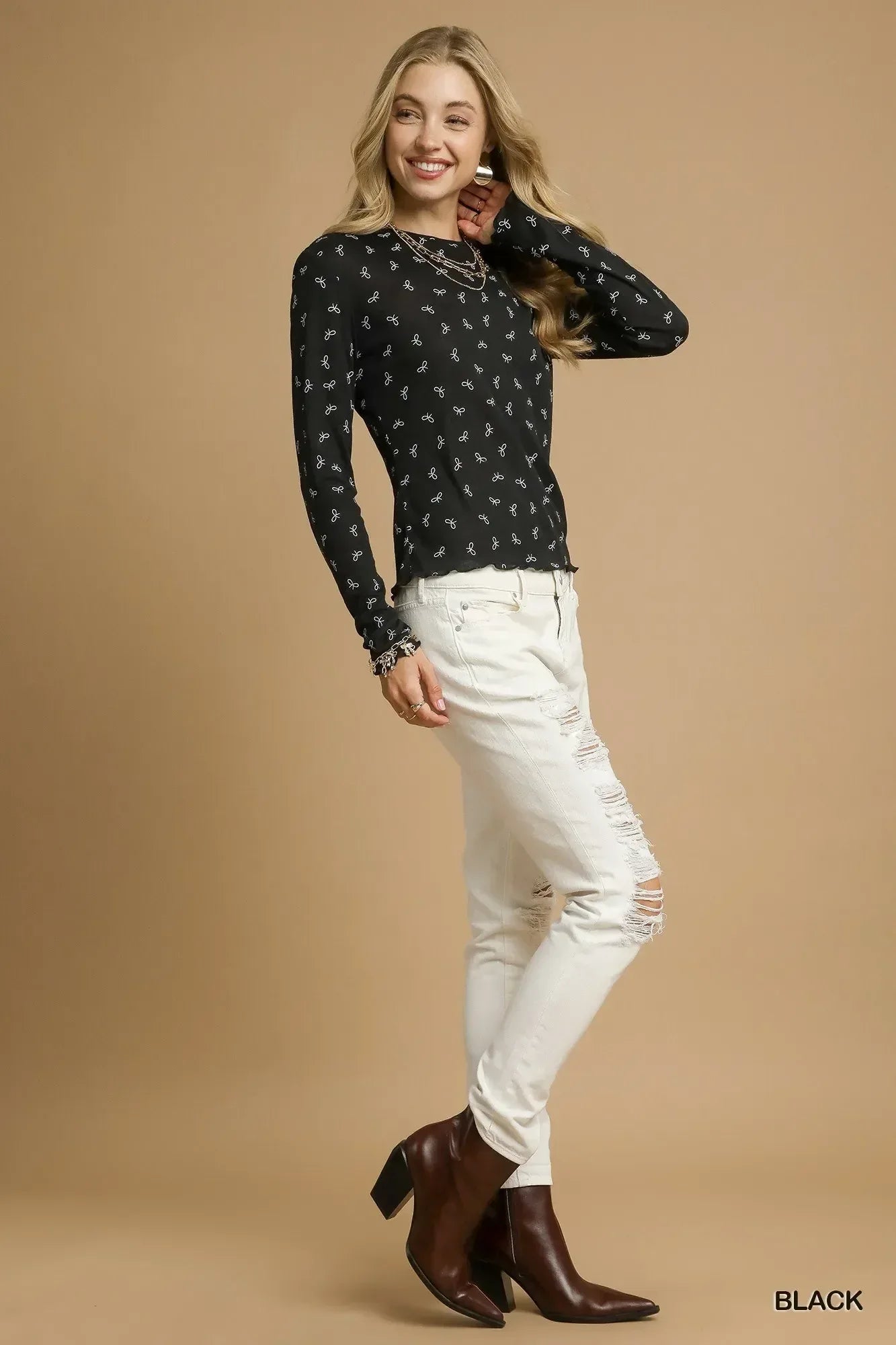 Umgee Bow Print Lightweight Knit Top - DAVERRI FASHIONS