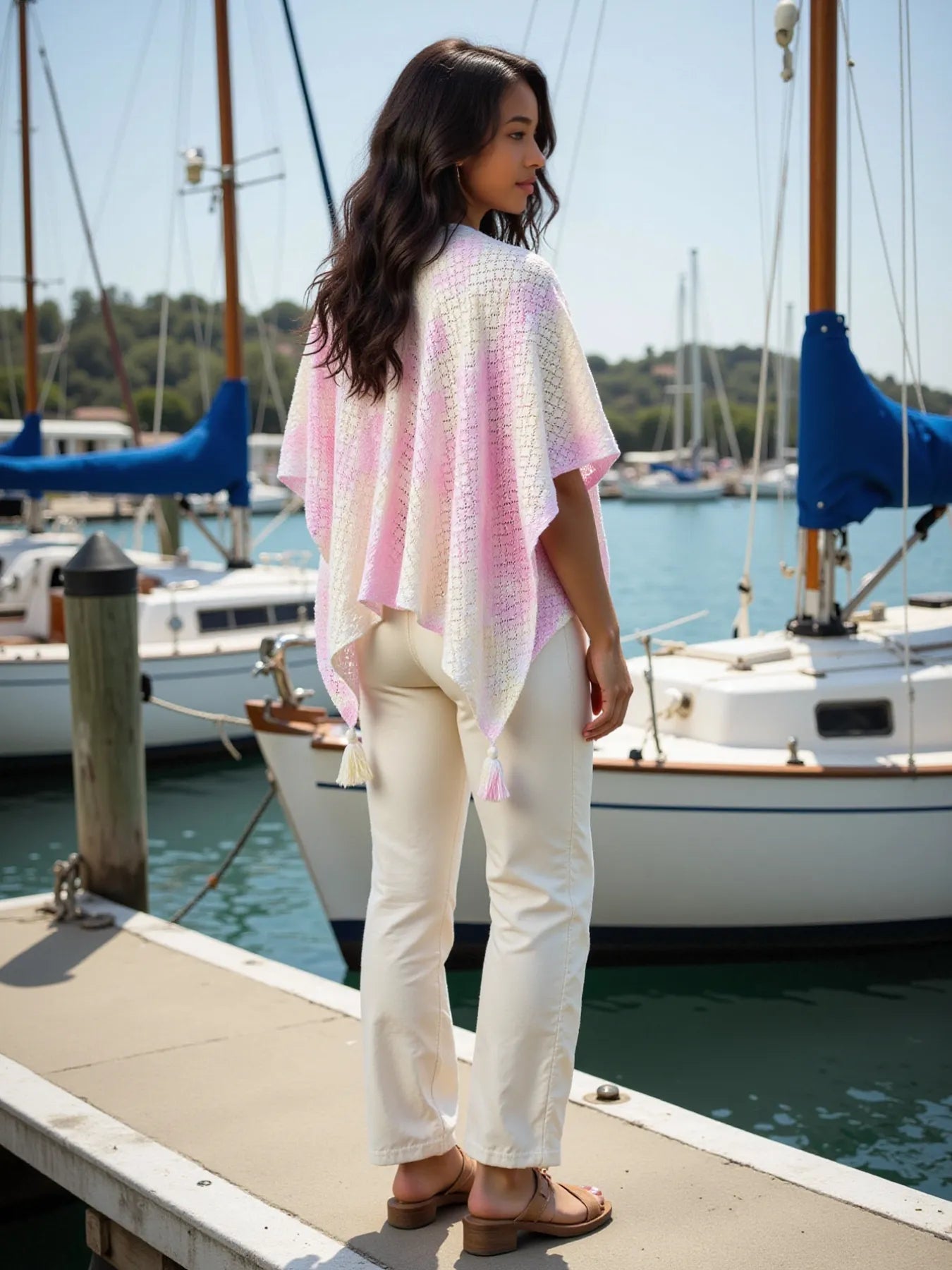 Daverri openwork tassel gradient knit pink poncho cover-up