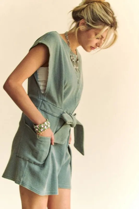 Davi & Dani Acid-Washed Waffle Knit Cuffed Sleeves Romper Rompers