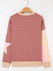 Contrast Star Patchwork Exposed Seam Uneven Hem Drop Shoulder Sweatshirt | Sweatshirts Daverri Fashions