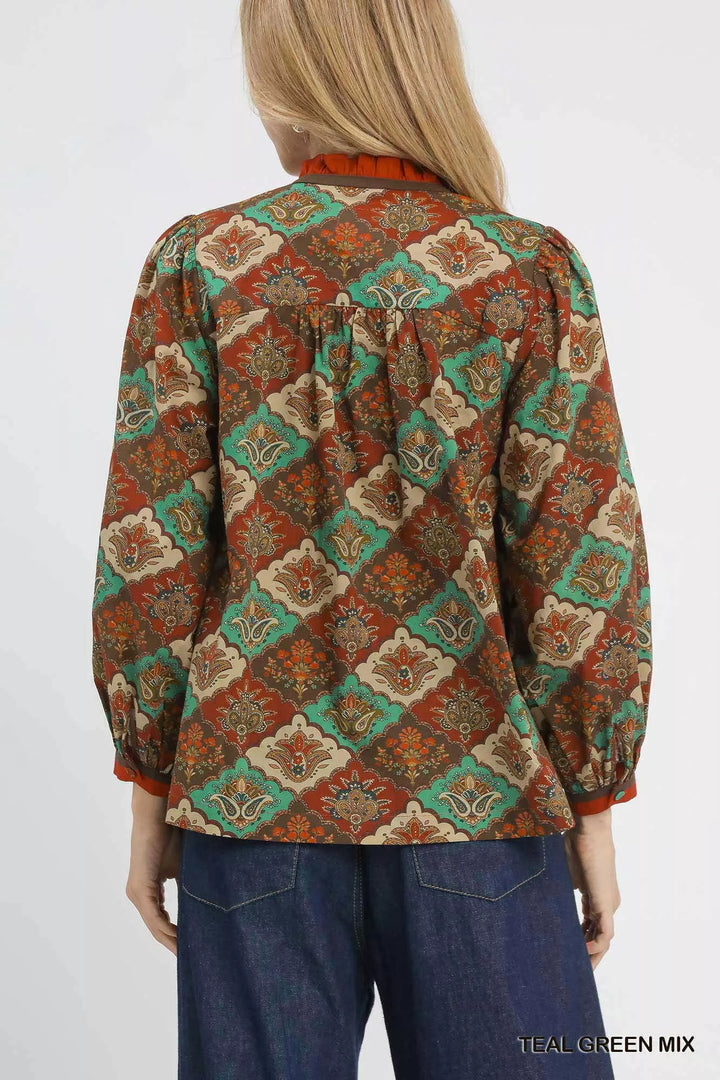 Umgee Abstract Print Ruffle Neck Top | Daverri Fashions