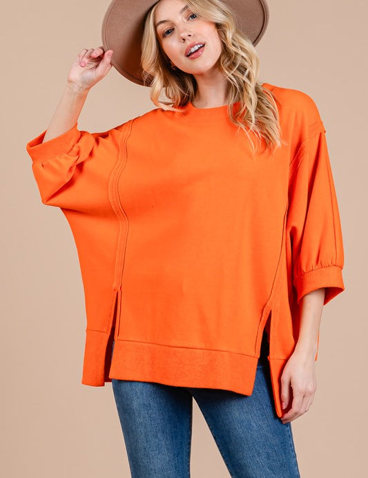 Ces Femme Side Slit Drop Shoulder Puff Sleeve Sweatshirt Orange