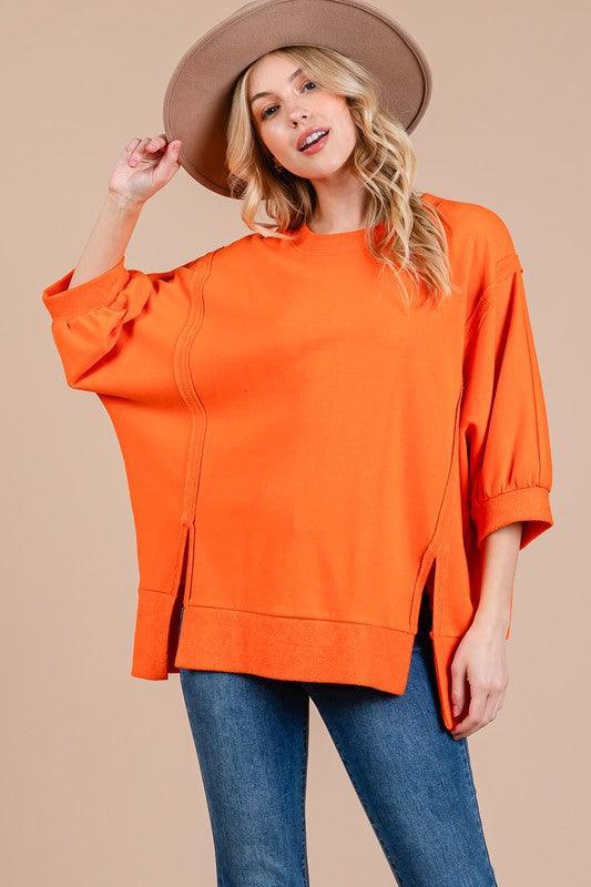 Ces Femme Orange Side Slit Drop Shoulder Puff Sleeve Sweatshirt - DAVERRI FASHIONS