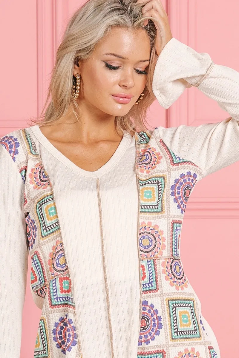 BiBi Granny Square Print Contrast Annie Rib V Neck Top Tops