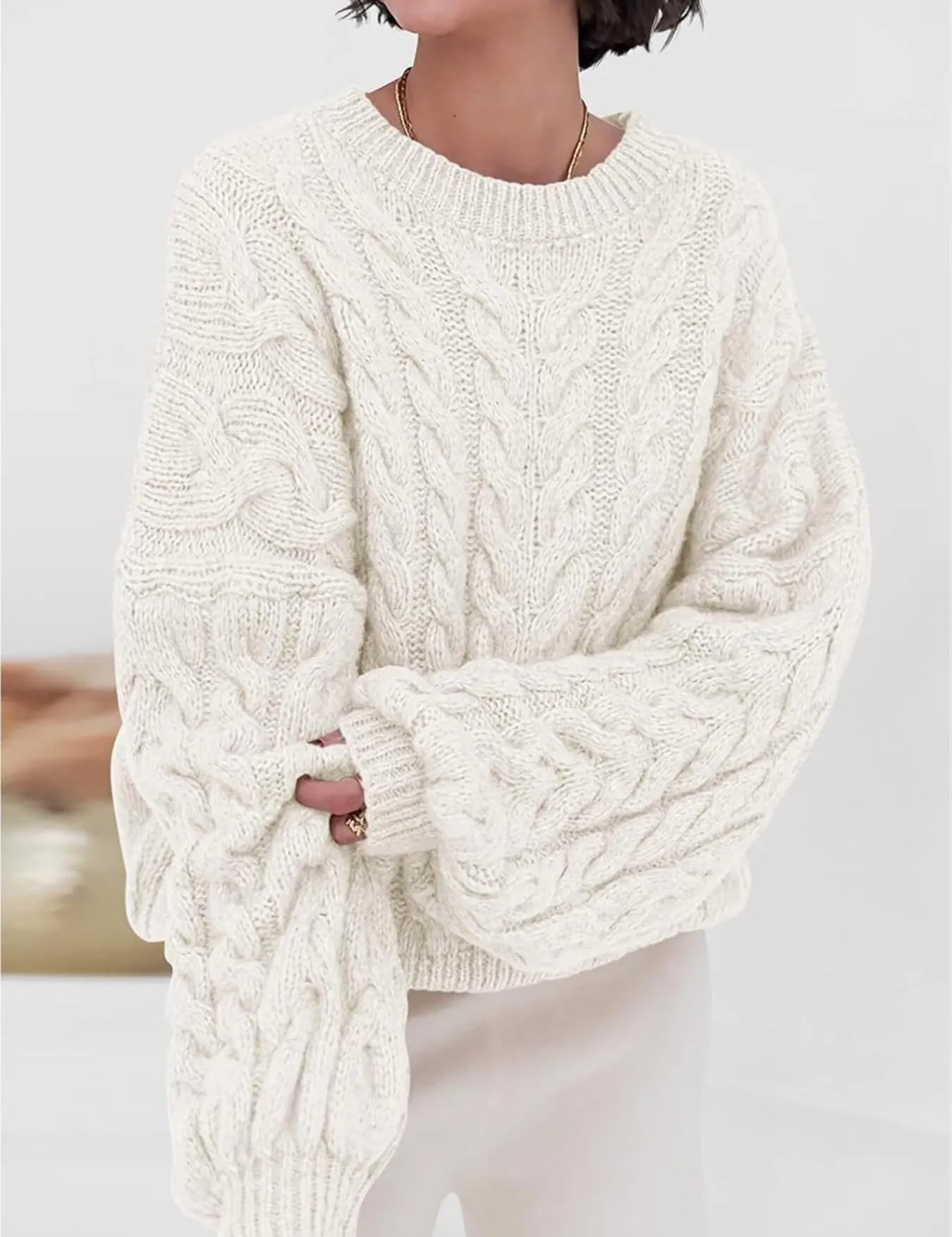 White Cable Knit Long Sleeve Sweater | Sweaters Daverri Fashions