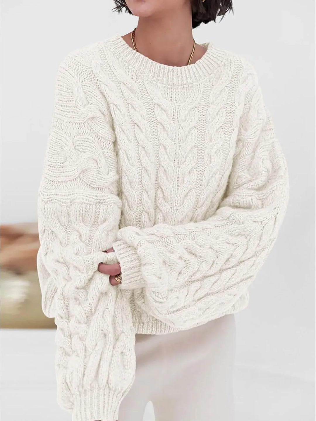White Cable Knit Long Sleeve Sweater | Sweaters Daverri Fashions