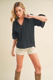 Aemi + Co Side Slit Notched Ruffled Half Sleeve Blouse | Blouses Daverri Fashions