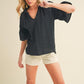 Aemi + Co Side Slit Notched Ruffled Half Sleeve Blouse Blouses