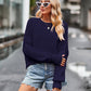 Navy blue oversized dropped shoulder round neck long sleeve knit top