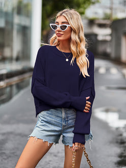 Navy blue oversized dropped shoulder round neck long sleeve knit top