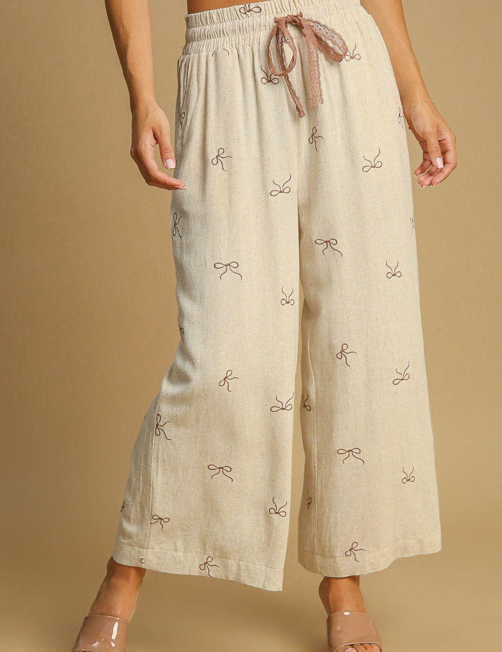 OATMEAL XL Umgee Lace Drawstring Embroidered Bow Wide Leg Pants | Pants Daverri Fashions