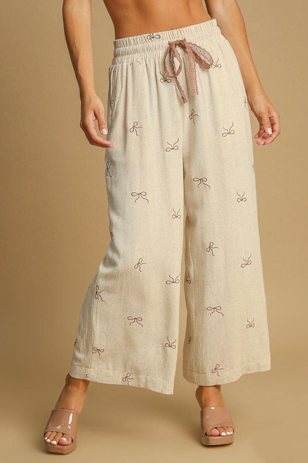 Umgee Lace Drawstring Embroidered Bow Wide Leg Pants OATMEAL XL Pants