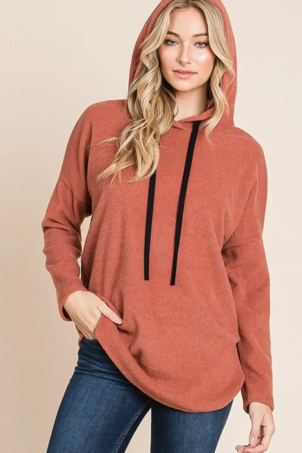 BOMBOM Contrast Drawstring Drop Shoulder Knit Hoodie - DAVERRI FASHIONS