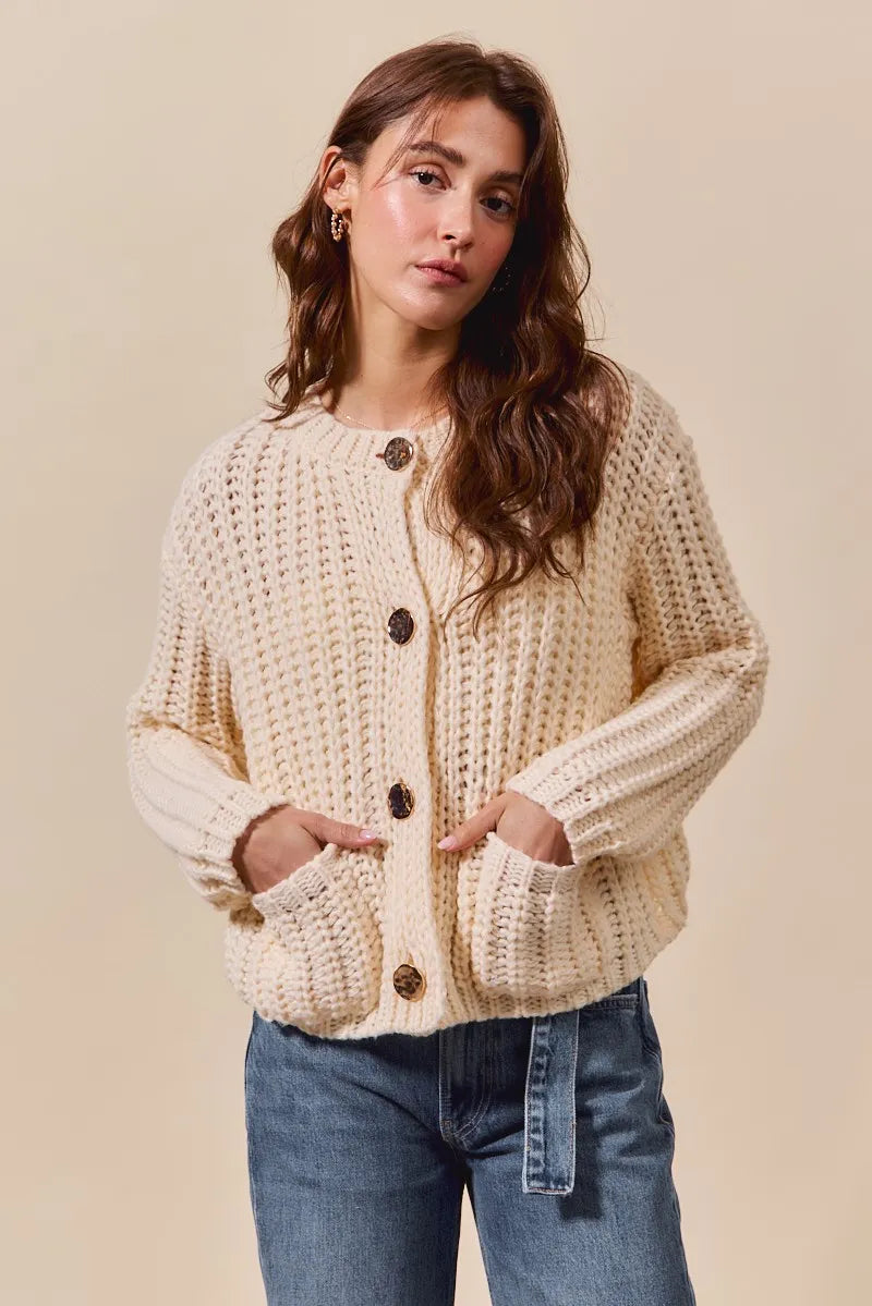 SO ME Metal Button Long Sleeve Chunky Sweater Cardigan Cardigans