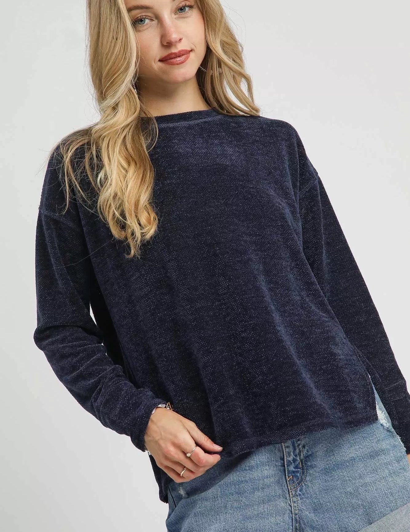 Navy Umgee Round Neck Long Sleeve Side Slit Top | Knit Tops Daverri Fashions