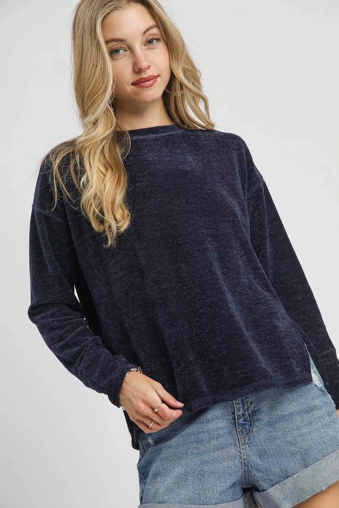 Navy Umgee Round Neck Long Sleeve Side Slit Top | Knit Tops Daverri Fashions