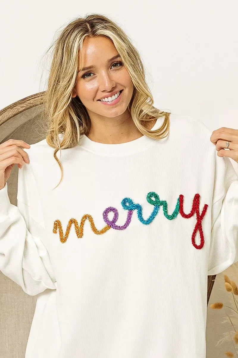 BiBi Merry Tinsel Lettering Drop Shoulder Sweatshirt - DAVERRI FASHIONS