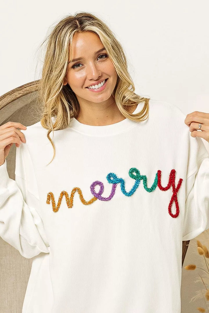 BiBi Merry Tinsel Lettering Drop Shoulder Sweatshirt | Sweatshirts Daverri Fashions