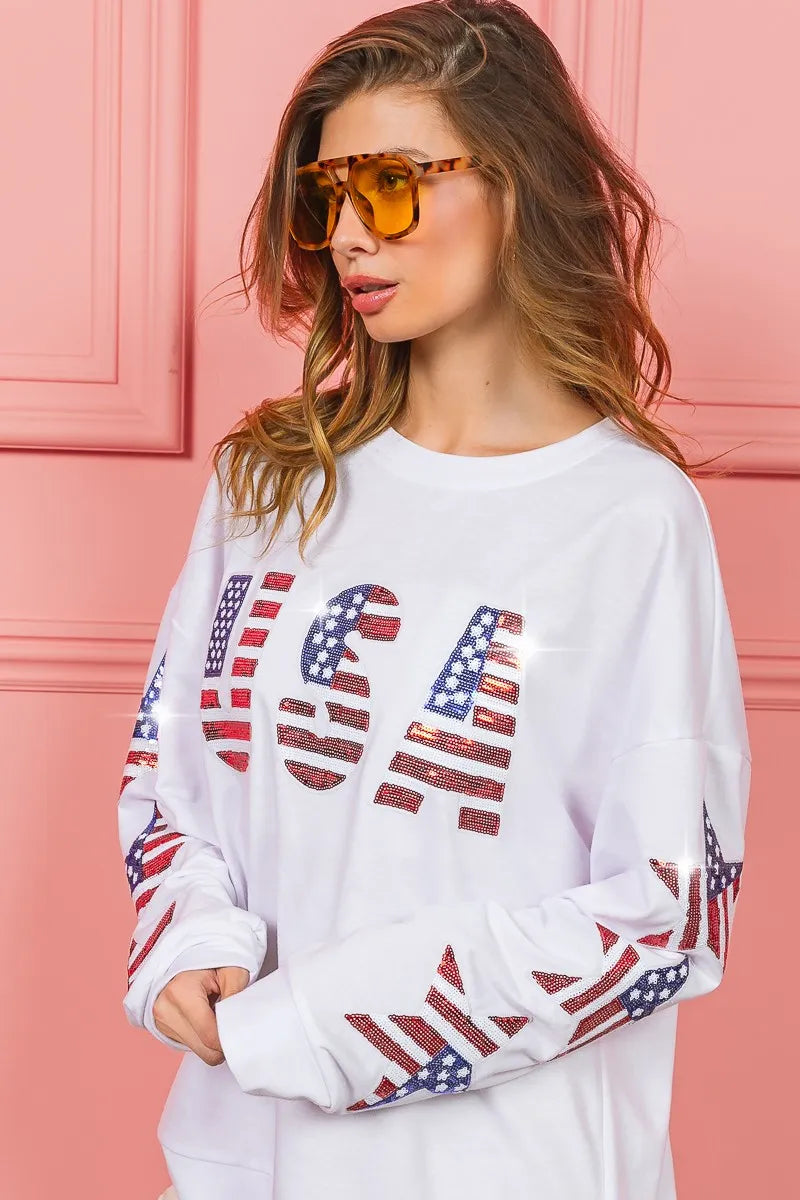 BiBi American Flag USA and Star Sequin Sweatshirt Sweatshirts