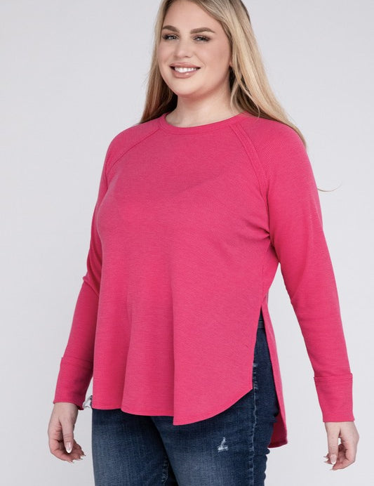 Plus Melange Baby Waffle Long Sleeve Top Plus Tops